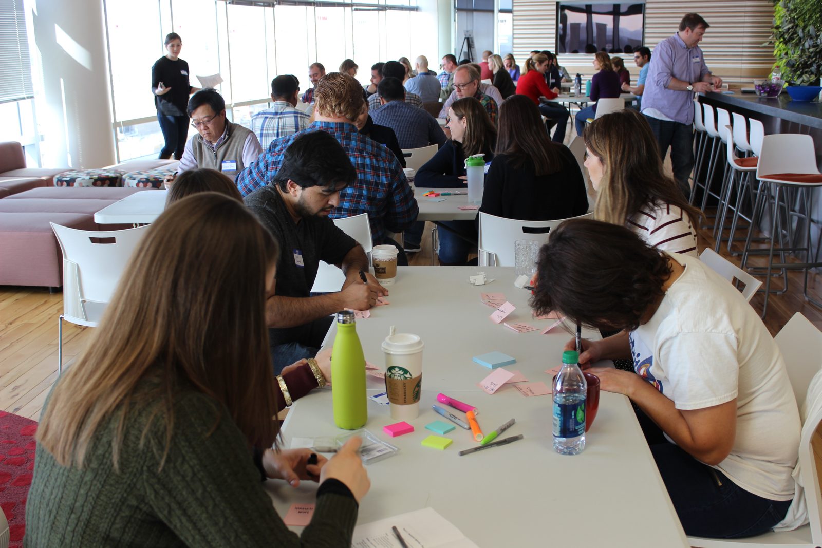 A strategy workshop in progress, with small groups working through ideas on sticky notes